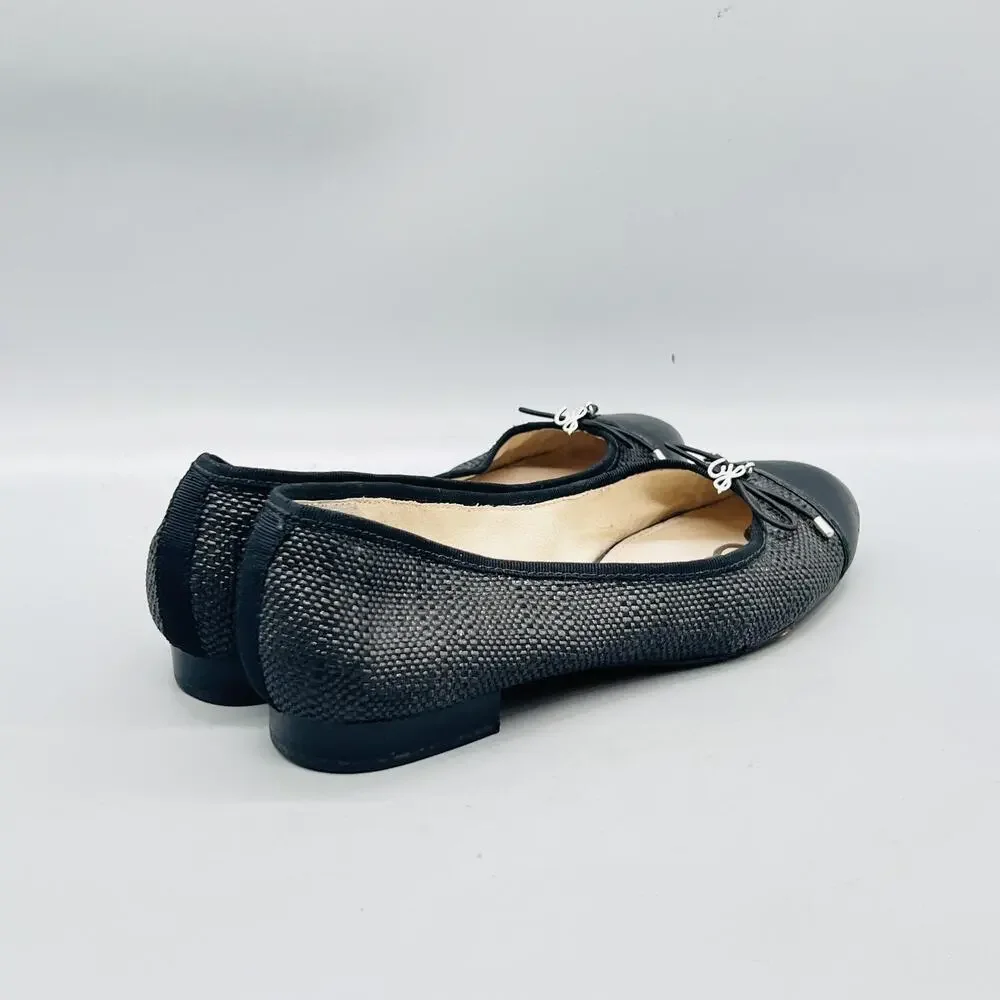 Sam Edelman Shoes Womens 6 Black Woven Ballet Flats Bow Cap Toe Casual Comfort